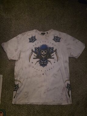 Black Label Affliction  White Tie-Dye Short Sleeve Graphic Tee with Blue Accents